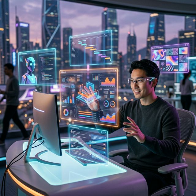 Human interacting with floating AI agent windows