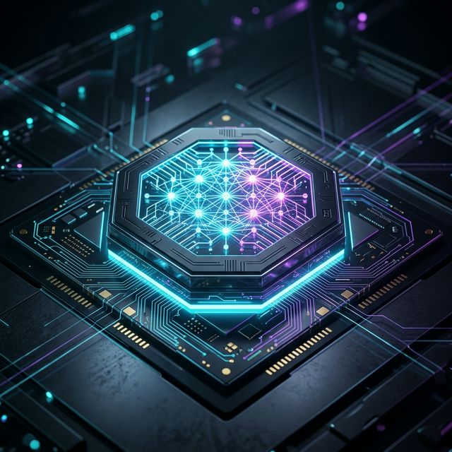 High-tech neural network chip visualization